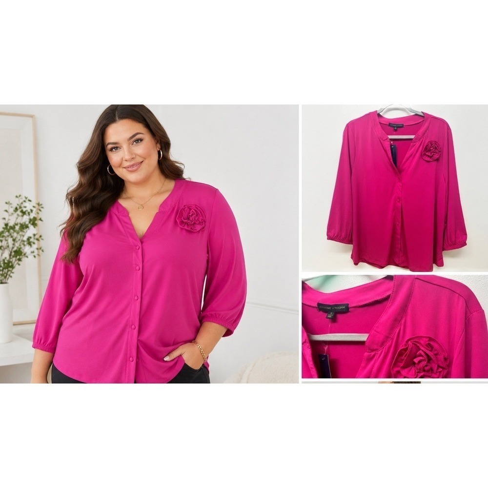 Adrienne Vittadini Woman 1X Pink Rosette Button Front Stretch Blouse NWT #39